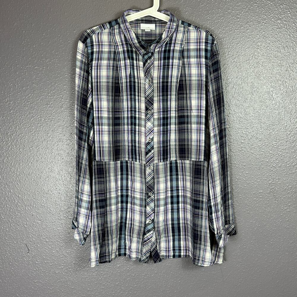 J Jill Top Size XL Purple Plaid Peplum Bottom Button Front Viscose